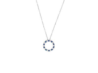 Collier cercle 15 mm, diamants 0,25ct et saphirs 0,29ct, 40-42-45 cm, Or gris 18k